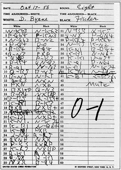 International Chess Federation on X: This is the scoresheet by 13-year-old Bobby  Fischer containing his game against Donald Byrne. The Game of the Century  was played in the Marshall Chess Club in